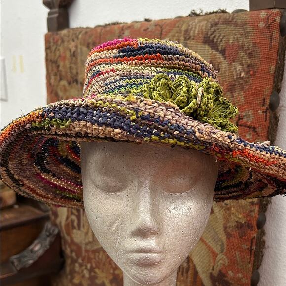 Multicolor Straw Hat with Green Flower Accent, In the Garden or at the Beach - Picture 2 of 15